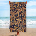 Gold And Blue Paisley Pattern Print Beach Towel