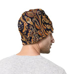 Gold And Blue Paisley Pattern Print Beanie