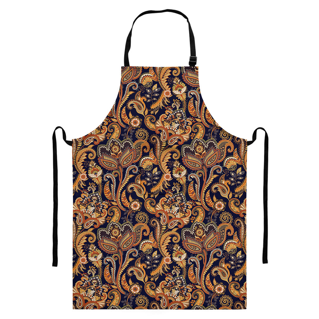 Gold And Blue Paisley Pattern Print Bib Apron With Pocket