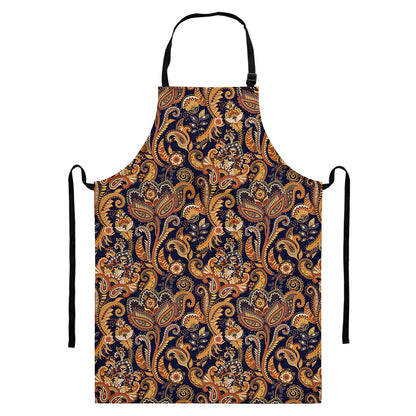 Gold And Blue Paisley Pattern Print Bib Apron With Pocket