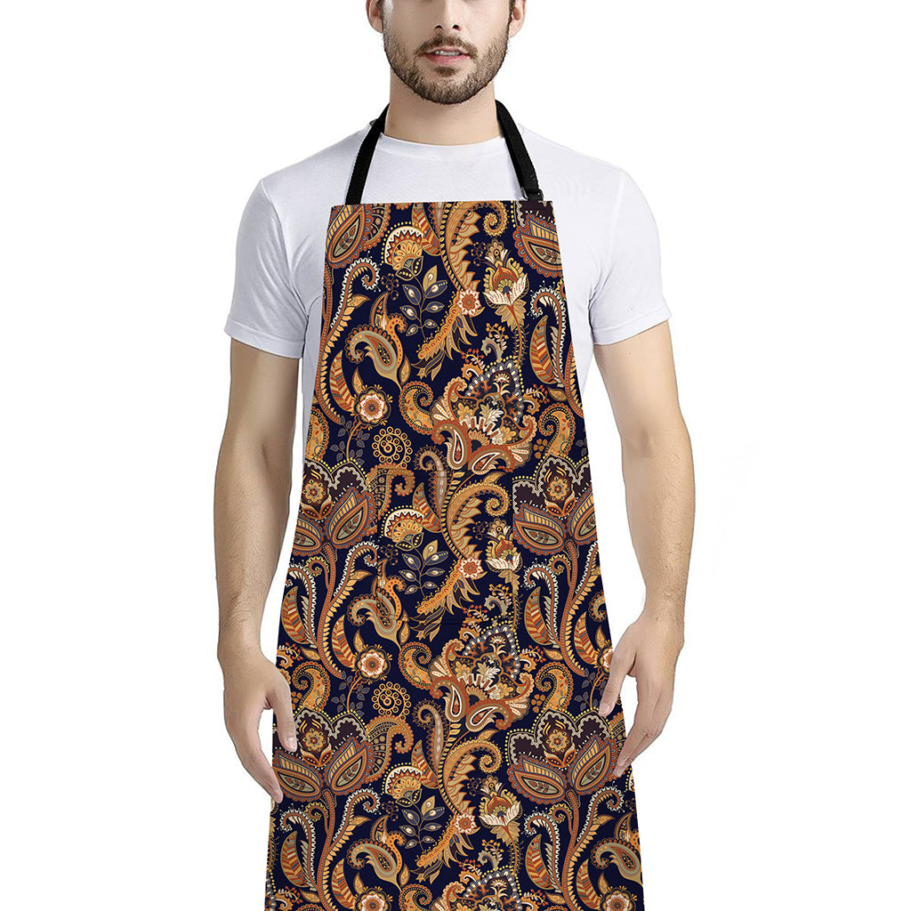 Gold And Blue Paisley Pattern Print Bib Apron With Pocket