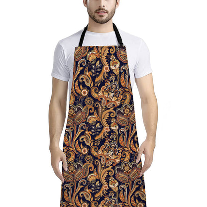 Gold And Blue Paisley Pattern Print Bib Apron With Pocket