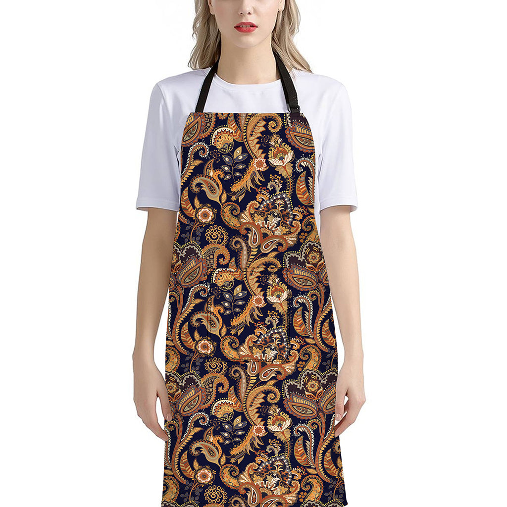 Gold And Blue Paisley Pattern Print Bib Apron With Pocket