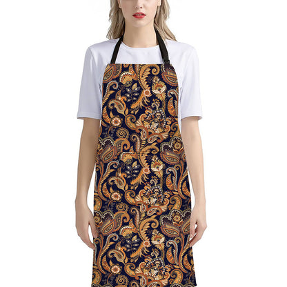 Gold And Blue Paisley Pattern Print Bib Apron With Pocket
