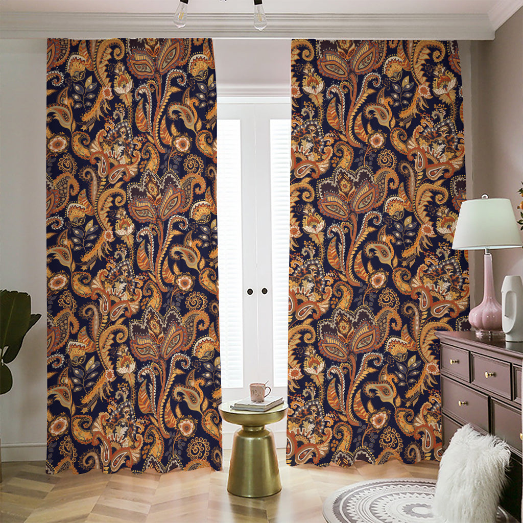 Gold And Blue Paisley Pattern Print Blackout Pencil Pleat Curtains