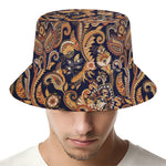 Gold And Blue Paisley Pattern Print Bucket Hat