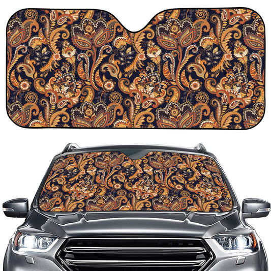 Gold And Blue Paisley Pattern Print Car Windshield Sun Shade