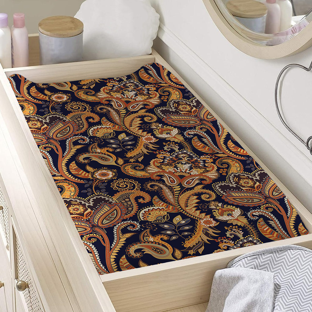 Gold And Blue Paisley Pattern Print Changing Pad Cover