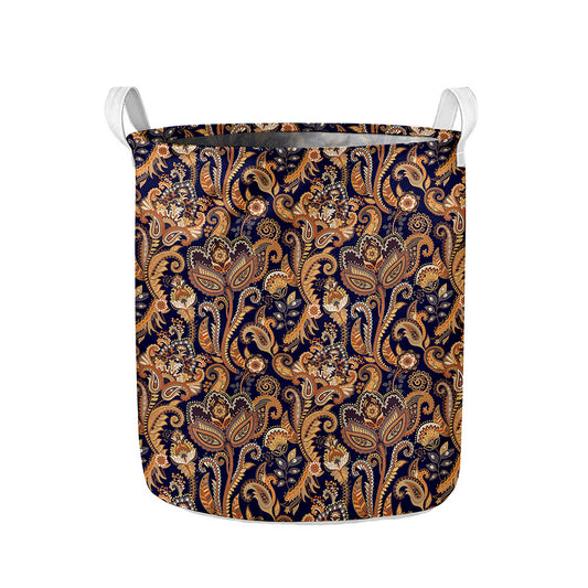 Gold And Blue Paisley Pattern Print Collapsible Laundry Basket