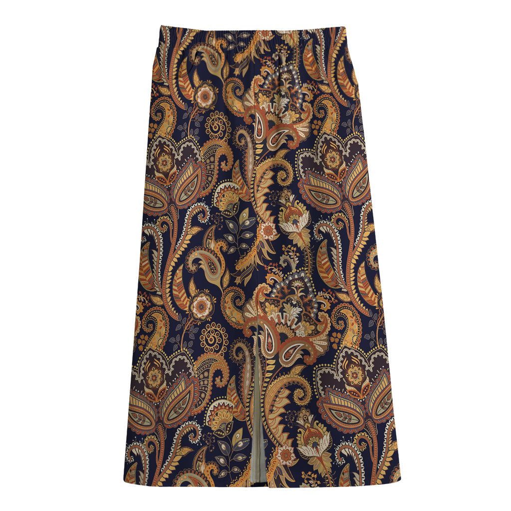 Gold And Blue Paisley Pattern Print Cotton Front Slit Maxi Skirt
