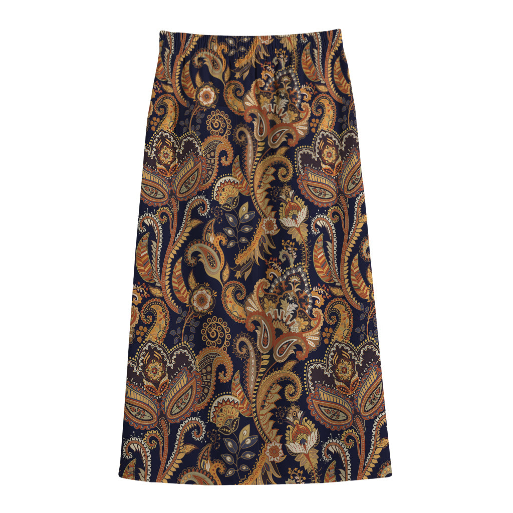 Gold And Blue Paisley Pattern Print Cotton Front Slit Maxi Skirt
