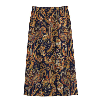 Gold And Blue Paisley Pattern Print Cotton Front Slit Maxi Skirt