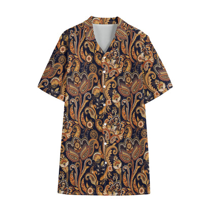 Gold And Blue Paisley Pattern Print Cotton Hawaiian Shirt
