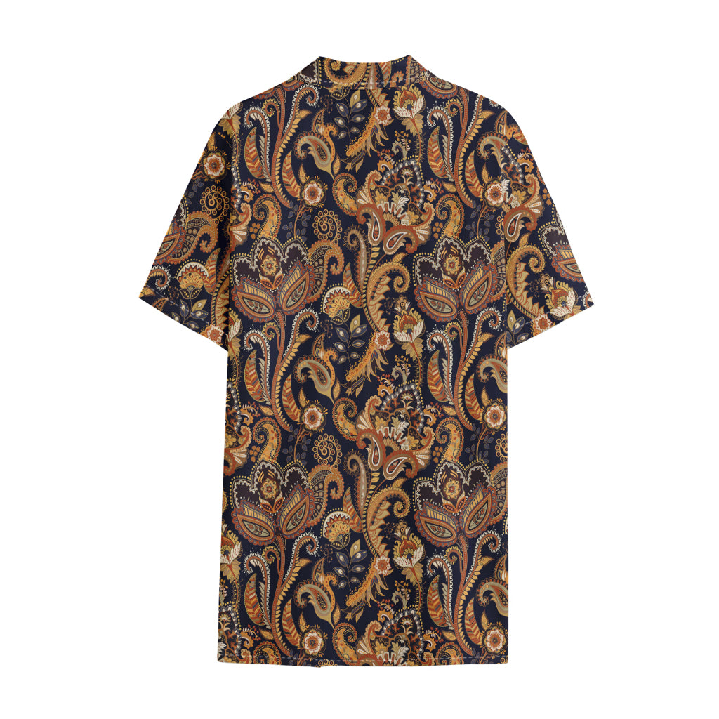 Gold And Blue Paisley Pattern Print Cotton Hawaiian Shirt