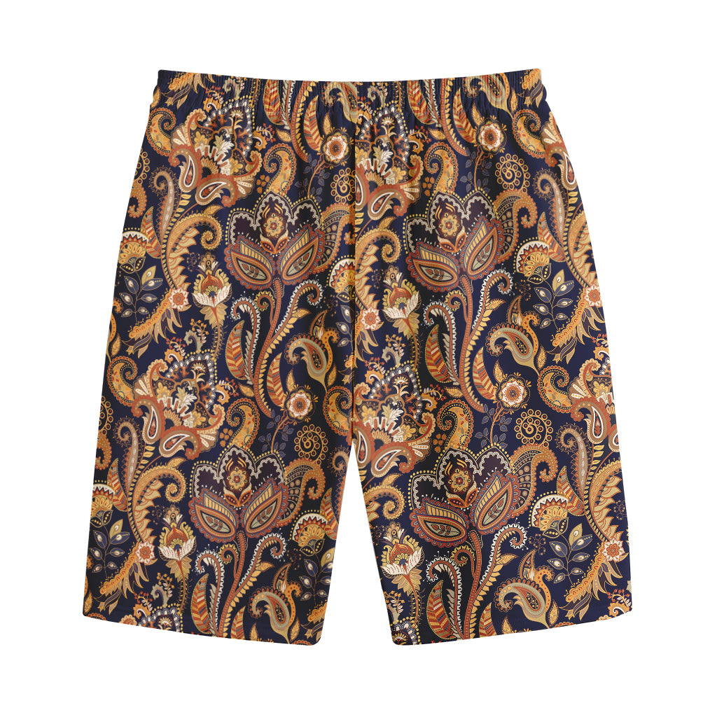 Gold And Blue Paisley Pattern Print Cotton Shorts