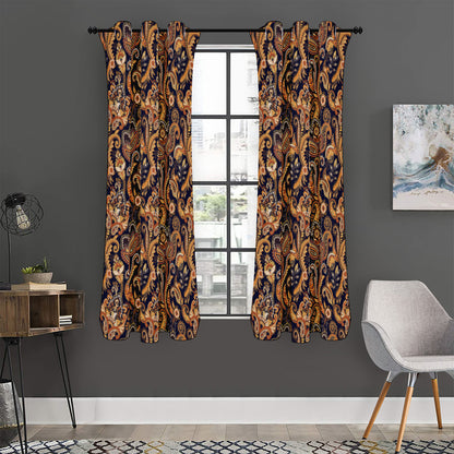 Gold And Blue Paisley Pattern Print Curtain