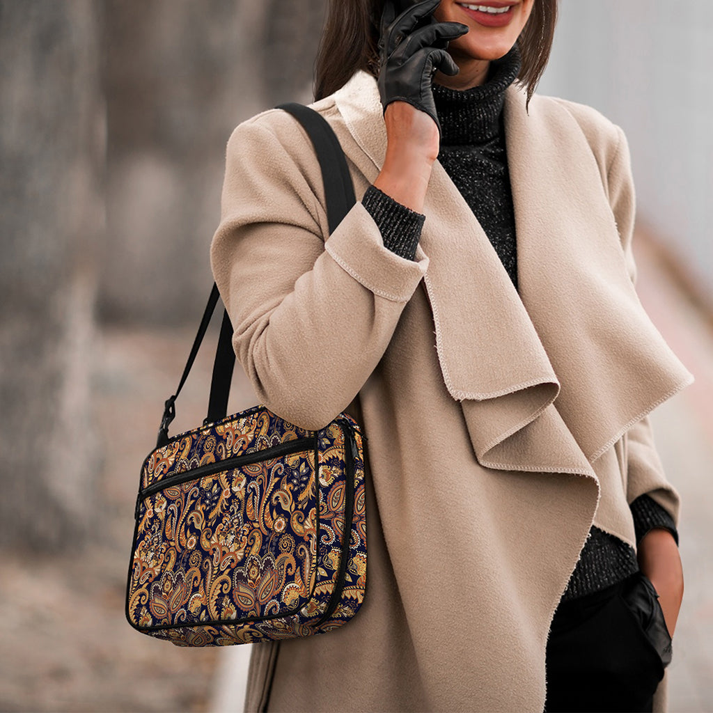 Gold And Blue Paisley Pattern Print Double Strap Bible Bag