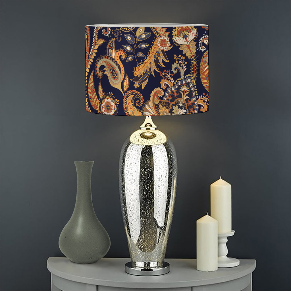 Gold And Blue Paisley Pattern Print Drum Lamp Shade