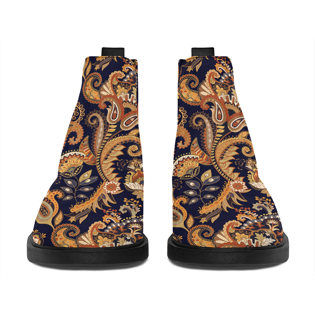 Gold And Blue Paisley Pattern Print Flat Ankle Boots