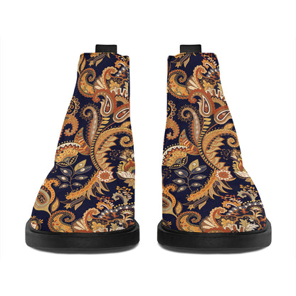 Gold And Blue Paisley Pattern Print Flat Ankle Boots