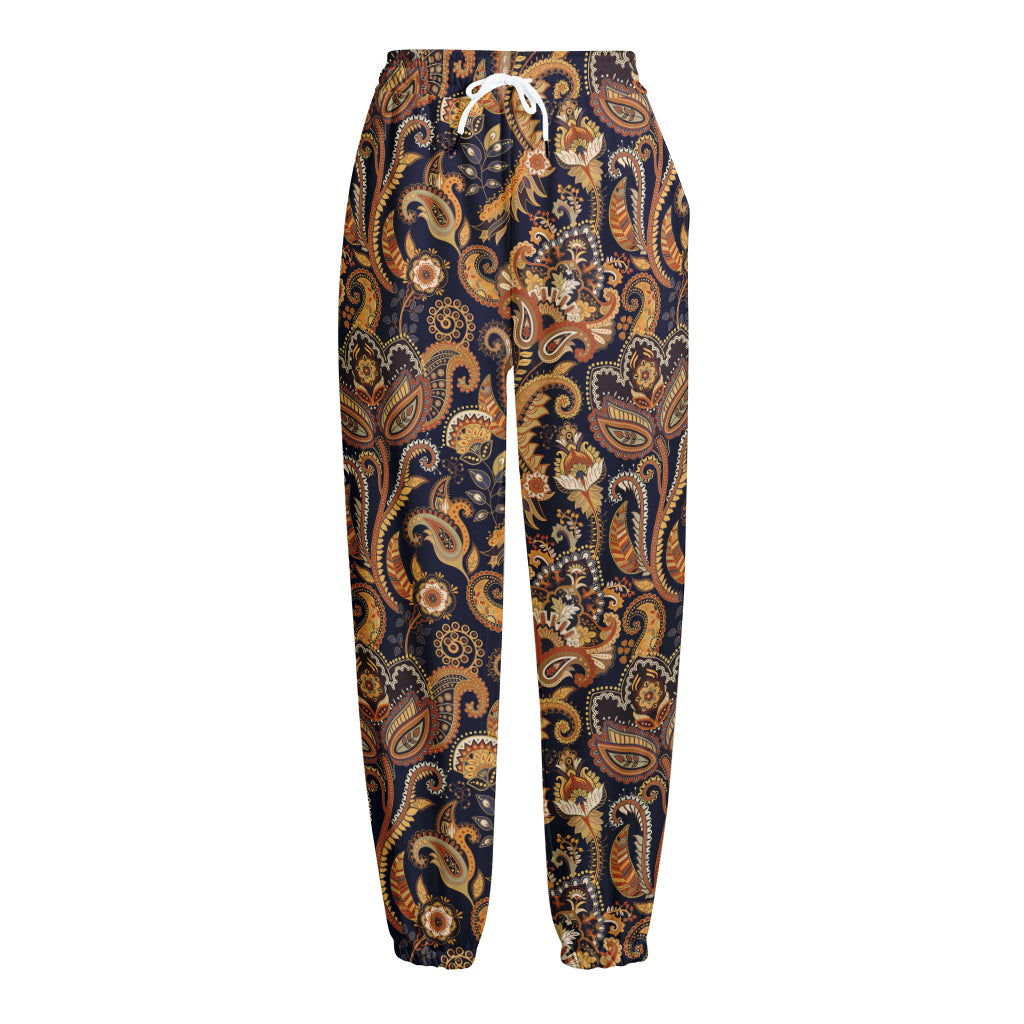 Gold And Blue Paisley Pattern Print Fleece Lined Knit Pants