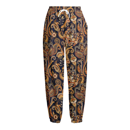 Gold And Blue Paisley Pattern Print Fleece Lined Knit Pants