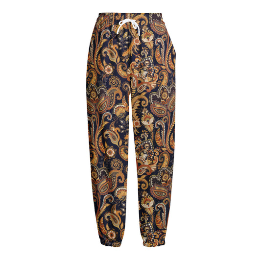 Gold And Blue Paisley Pattern Print Fleece Lined Knit Pants
