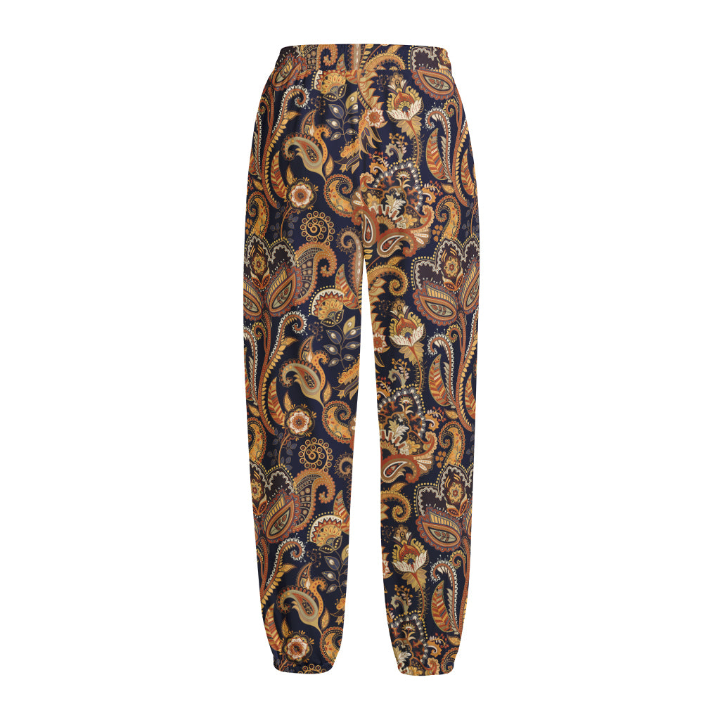 Gold And Blue Paisley Pattern Print Fleece Lined Knit Pants