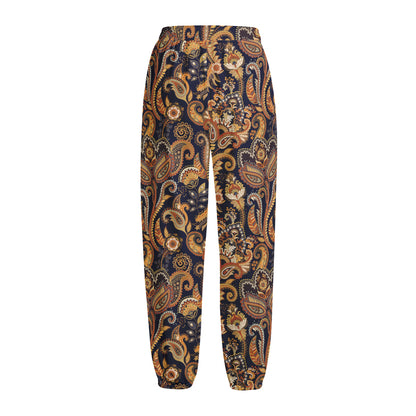 Gold And Blue Paisley Pattern Print Fleece Lined Knit Pants