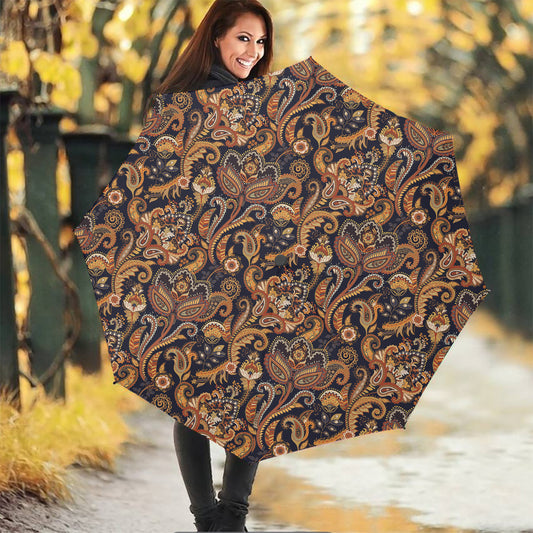Gold And Blue Paisley Pattern Print Foldable Umbrella
