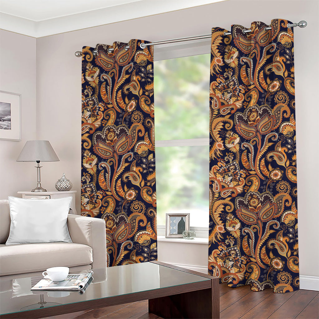 Gold And Blue Paisley Pattern Print Grommet Curtains