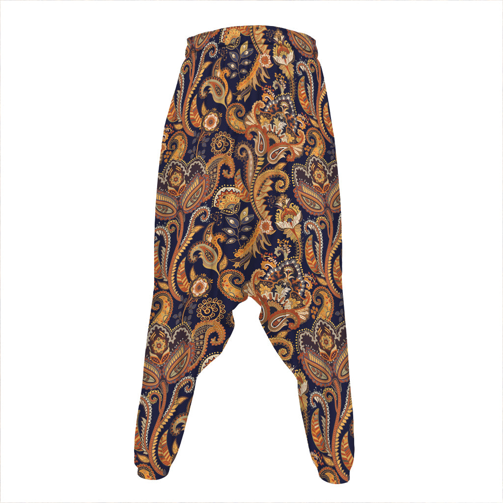Gold And Blue Paisley Pattern Print Hammer Pants