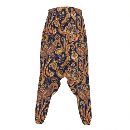 Gold And Blue Paisley Pattern Print Hammer Pants