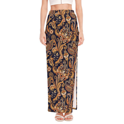 Gold And Blue Paisley Pattern Print High Slit Maxi Skirt