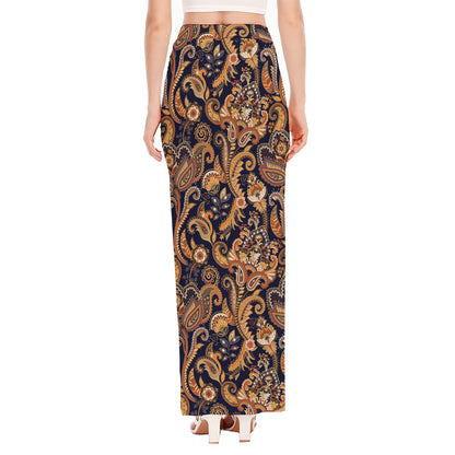 Gold And Blue Paisley Pattern Print High Slit Maxi Skirt