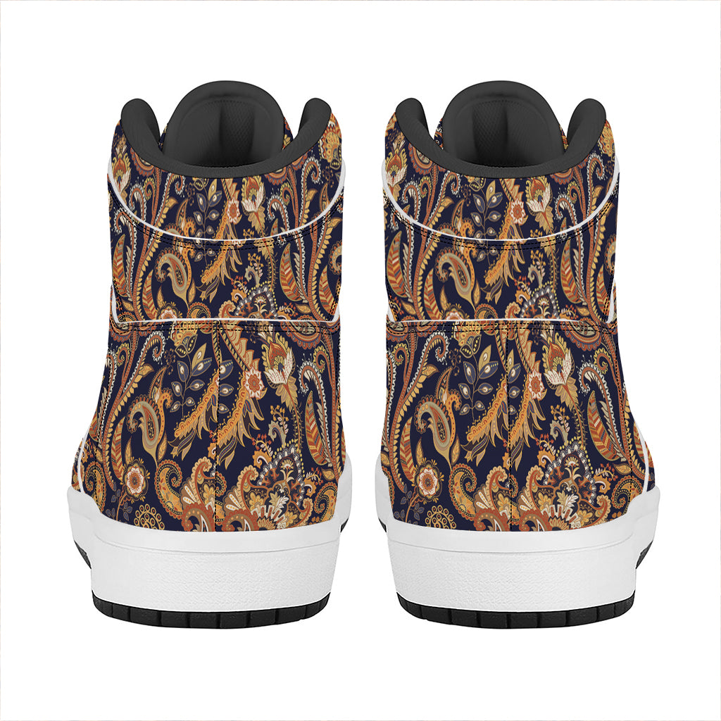 Gold And Blue Paisley Pattern Print High Top Leather Sneakers