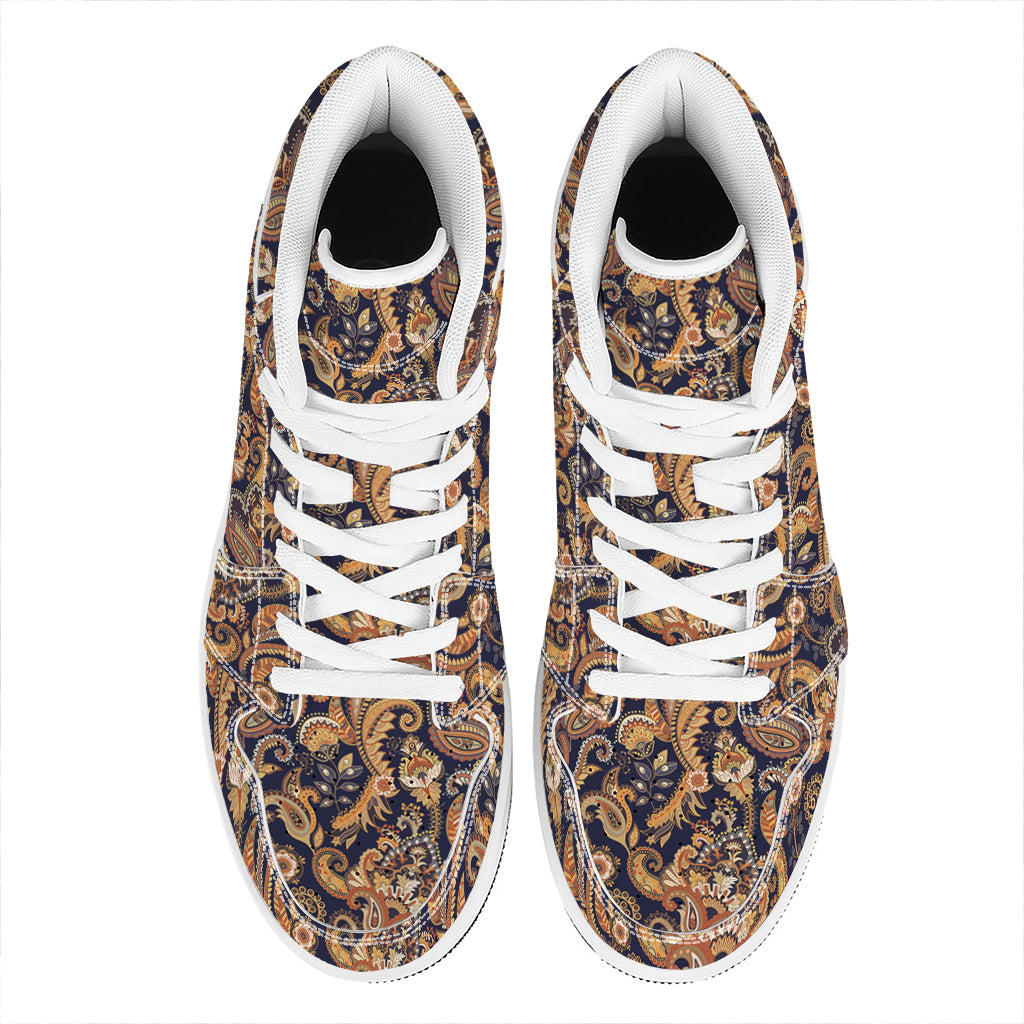 Gold And Blue Paisley Pattern Print High Top Leather Sneakers