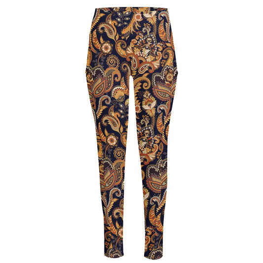 Gold And Blue Paisley Pattern Print High-Waisted Pocket Leggings