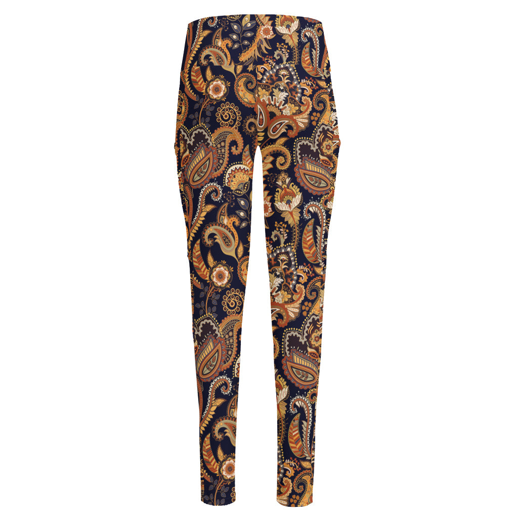 Gold And Blue Paisley Pattern Print High-Waisted Pocket Leggings