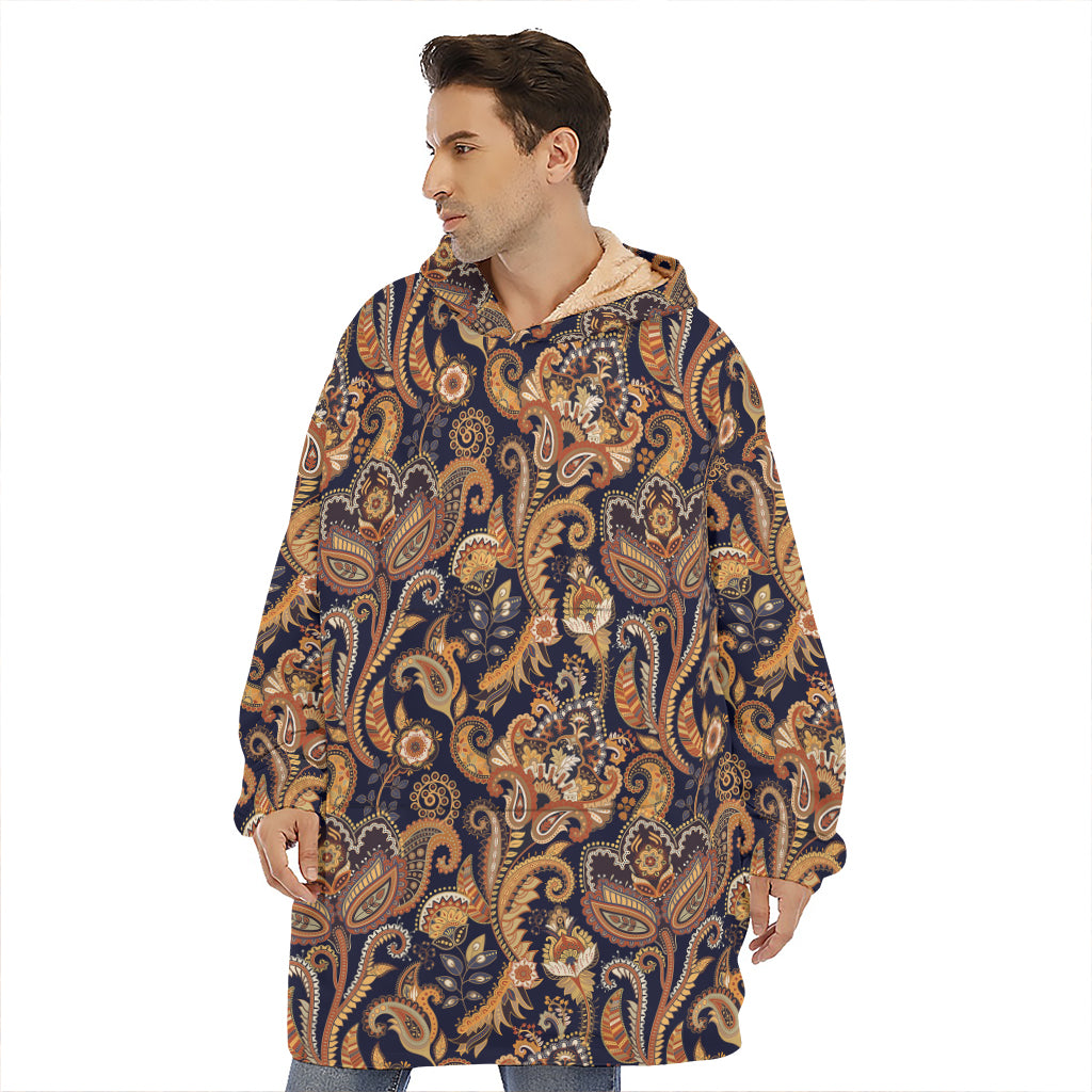 Gold And Blue Paisley Pattern Print Hoodie Blanket