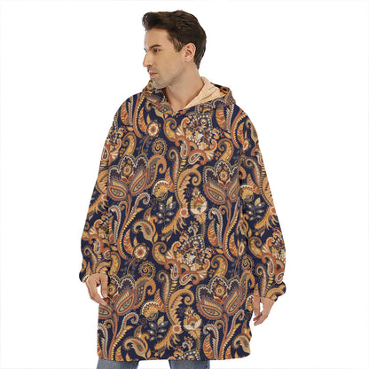 Gold And Blue Paisley Pattern Print Hoodie Blanket