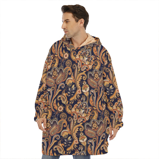Gold And Blue Paisley Pattern Print Hoodie Blanket