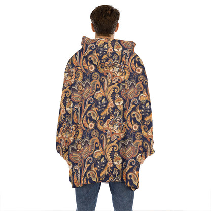 Gold And Blue Paisley Pattern Print Hoodie Blanket