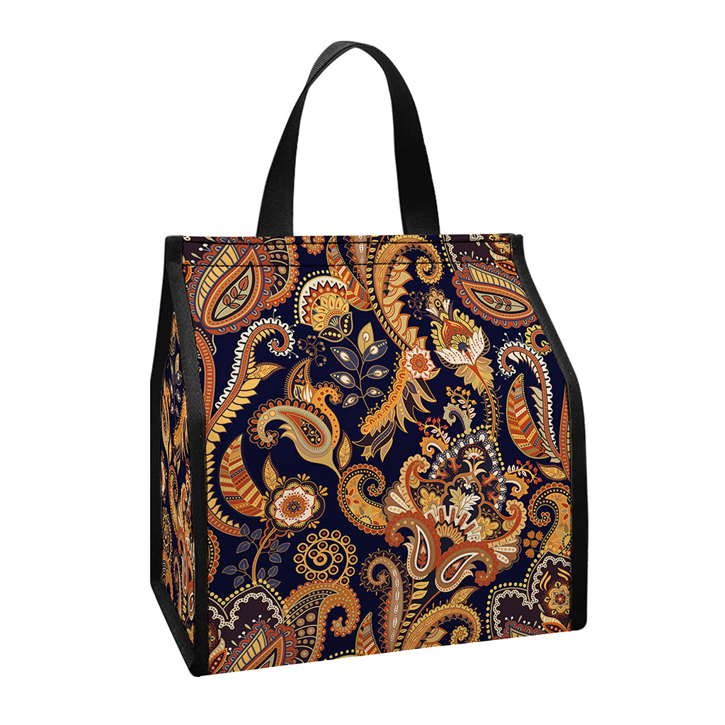Gold And Blue Paisley Pattern Print Insulated Lunch Tote