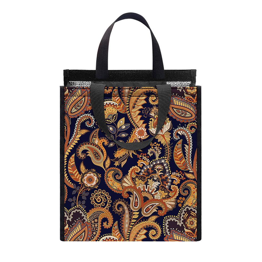 Gold And Blue Paisley Pattern Print Insulated Lunch Tote