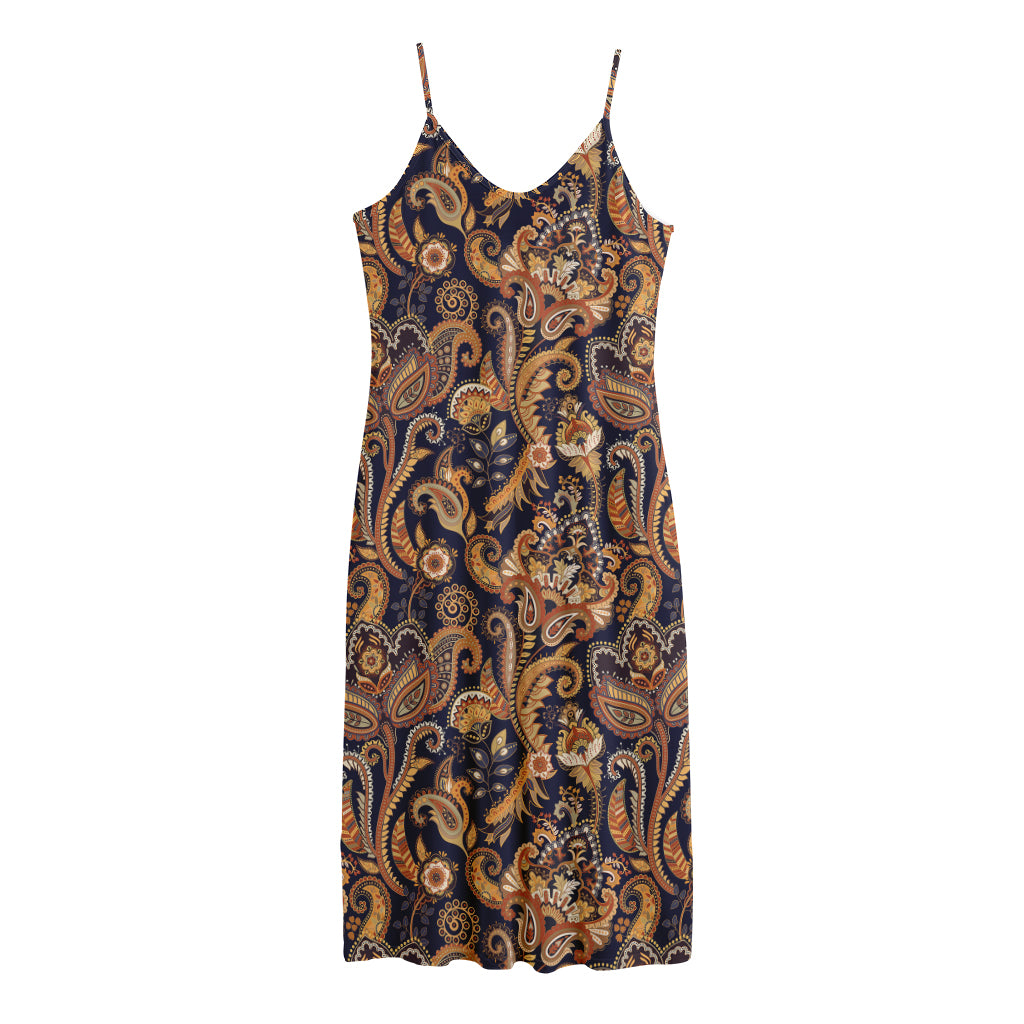 Gold And Blue Paisley Pattern Print Jersey Midi Cami Dress