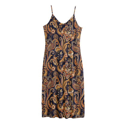 Gold And Blue Paisley Pattern Print Jersey Midi Cami Dress