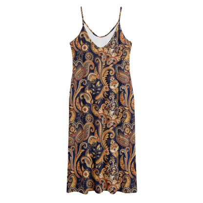 Gold And Blue Paisley Pattern Print Jersey Midi Cami Dress
