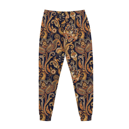 Gold And Blue Paisley Pattern Print Jogger Pants