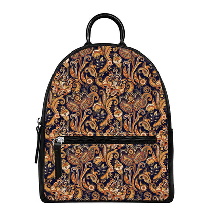 Gold And Blue Paisley Pattern Print Leather Backpack